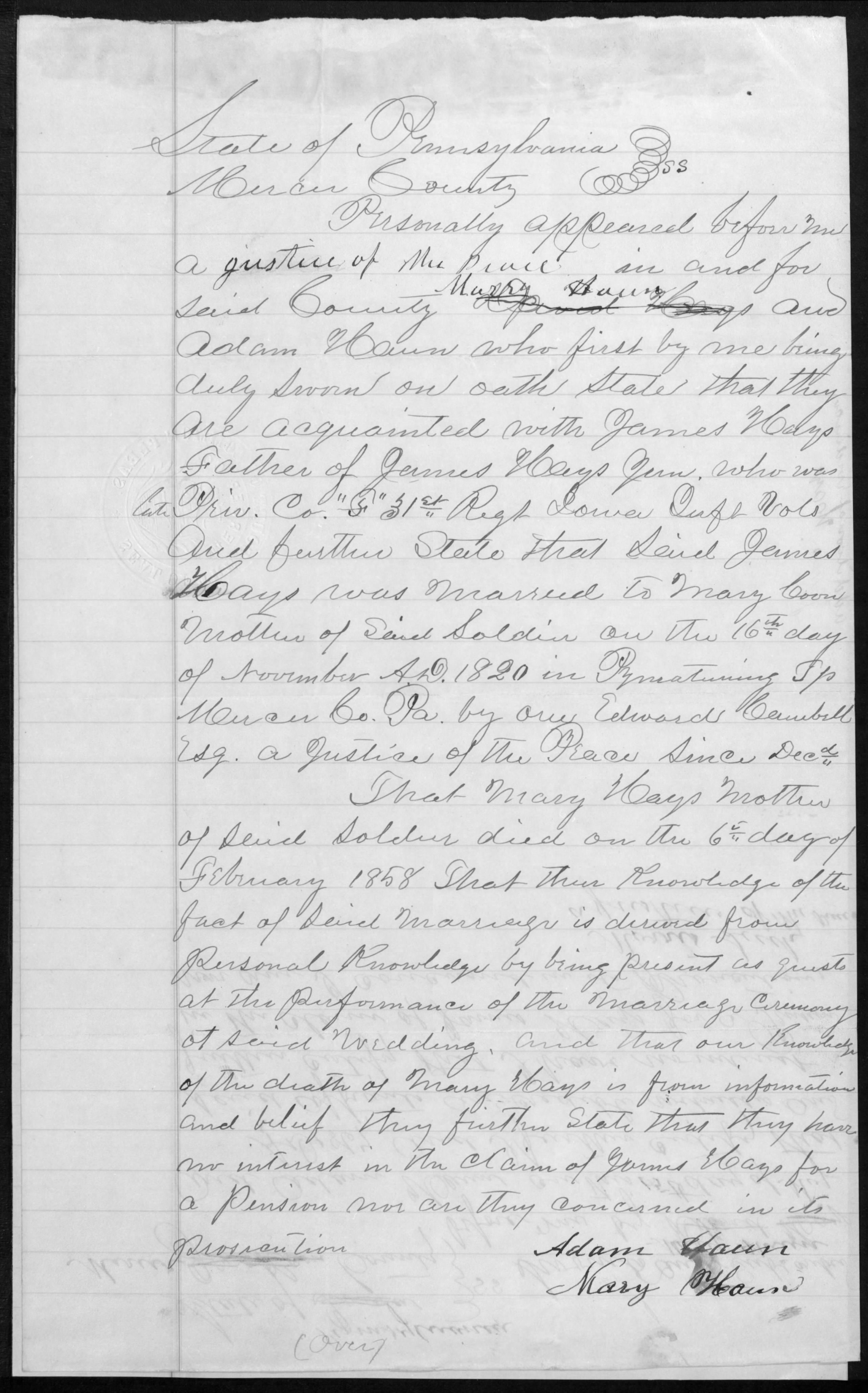Hays, James Jr - Civil War Pension App - Father's Affidavit
